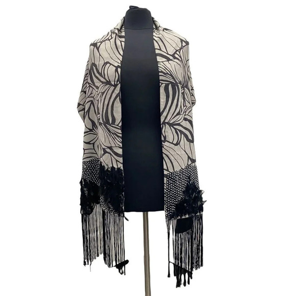 Pashmina Wool Shawl with Silky Tassel Fringe Feathers and Beading NWT - Picture 1 of 14